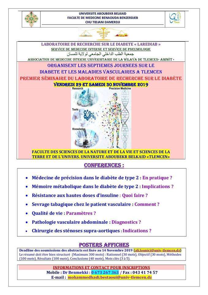 07 &egrave;me Journ&eacute;es du Diab&egrave;te et les Maladies Vasculaires- Les 29-30 novembre 2019, Tlemcen