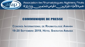 COMMUNIQUE DE PRESSE : Congr&egrave;s International de Rhumatologie, 19-20 Septembre 2019, H&ocirc;tel Sheraton Annaba