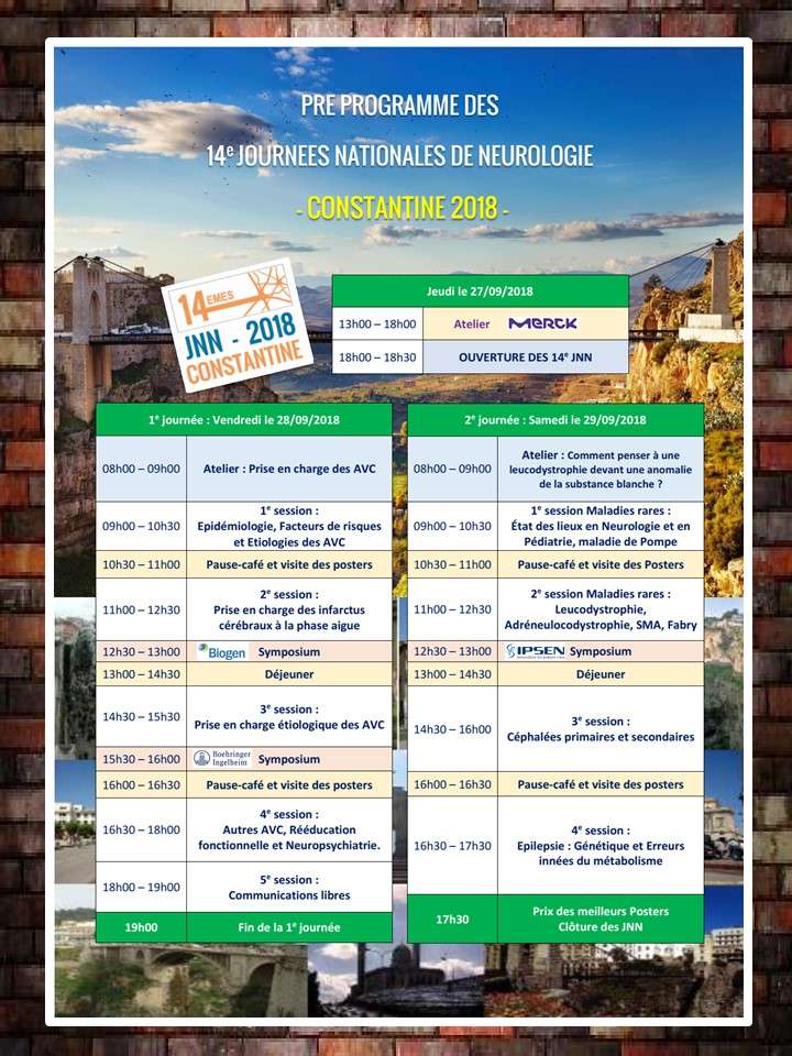 14&egrave;mes Journ&eacute;es Nationales de Neurologie - 27 au 29 Septembre 2018 &agrave; Constantine